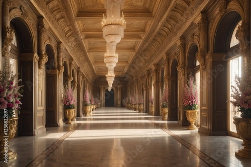 A luxurious long corridor of a palace, adorned with giant columns and elegant golden paneling