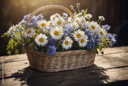 White basket filled with fresh flowers: daisies, bellflowers, violets, and cornflowers