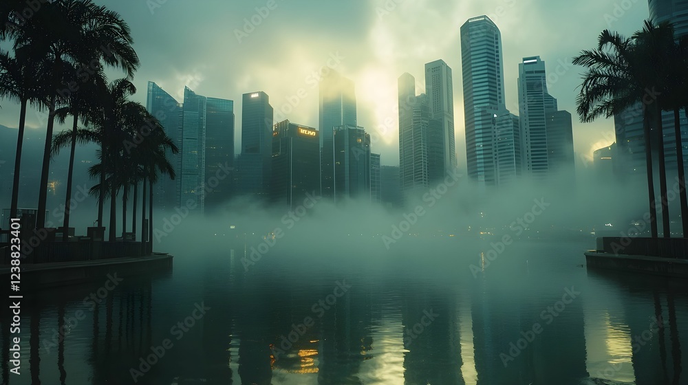 Obraz premium Morning mist envelops the skyline of a bustling city on the water