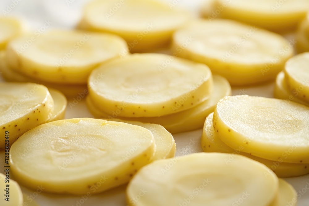 Freshly sliced potatoes served on a white plate, perfect for a snack or side dish Freshly sliced potatoes served on a white plate, perfect for a snack or side dish