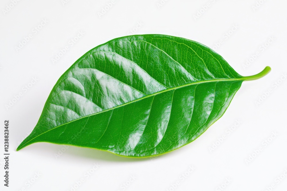 Obraz premium A single green leaf lying on a clean white surface, perfect for use in designs about nature, simplicity, and minimalism