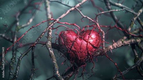 A cracked heart entwined with thorny vines, symbolizing the struggle of healing from complex ptsd photo