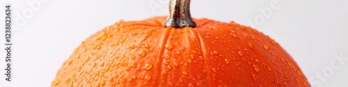 A close-up shot of an orange with water droplets on its surface, ideal for food or beverage related concepts photo