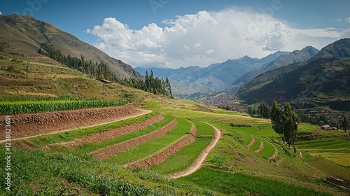 Scenic Terraced Fields in Peruvian Andes with Mountain Background photo