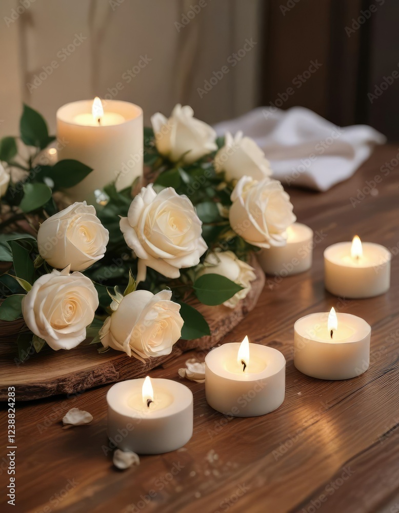 Tealight candles and white roses creating romantic atmosphere on wooden table, warm tones, cozy home, date night, event decor Tealight candles and white roses creating romantic atmosphere on wooden table, warm tones, cozy home, date night, event decor
