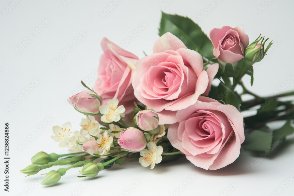 A bouquet of fresh pink roses arranged on a clean white table A bouquet of fresh pink roses arranged on a clean white table