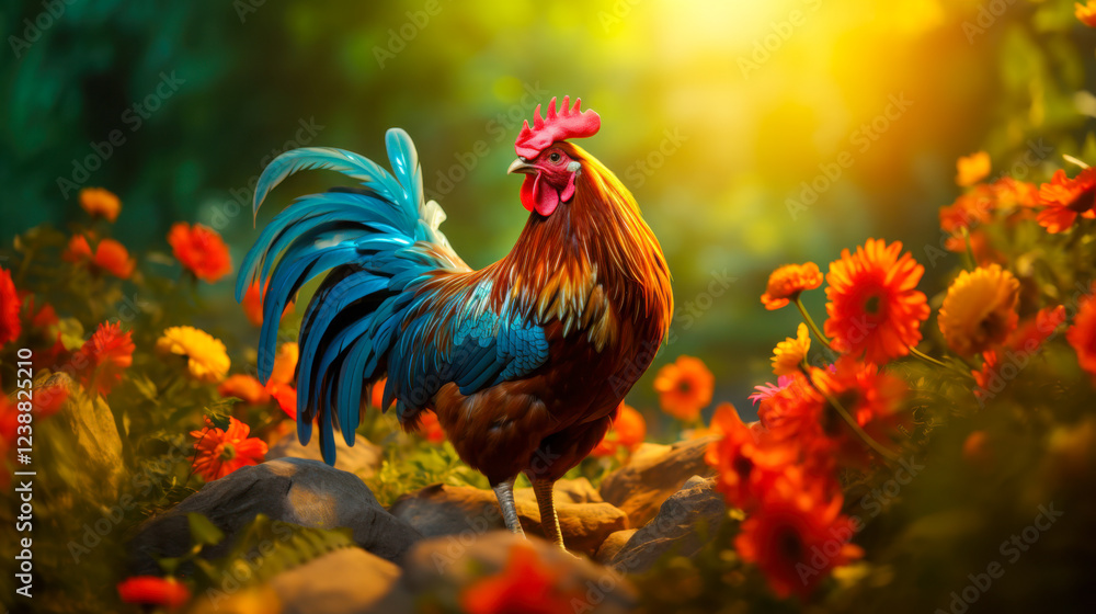 Fototapeta premium Colorful rooster stands proudly in a rustic setting surrounded by vibrant flowers during golden hour