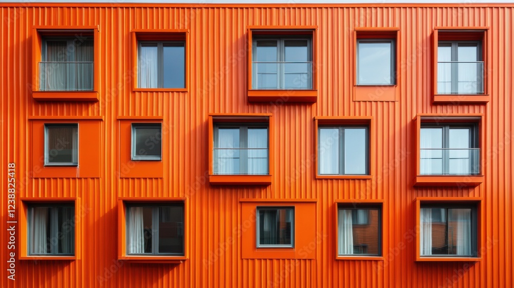 Modern orange building facade with symmetrical windows on sunny day