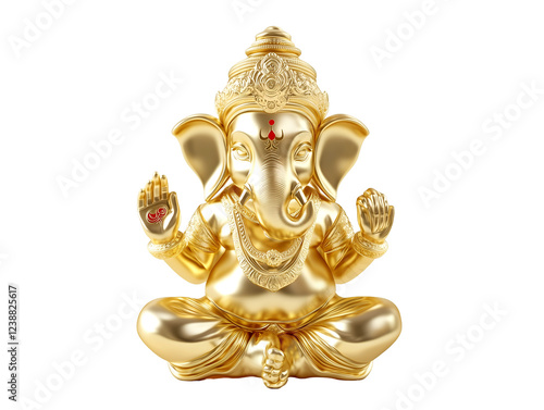 Golden ganesha statue in a seated pose, isolated on transparent background, PNG