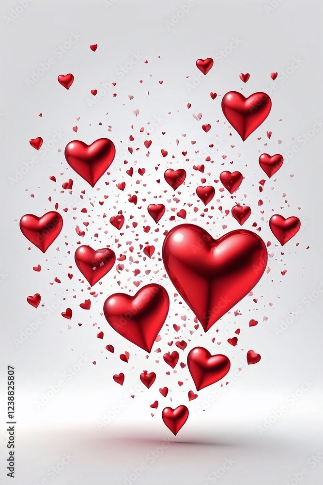 Red Shiny Hearts Floating in the Air on a Clean White Background, Symbolizing Emotions Red Shiny Hearts Floating in the Air on a Clean White Background, Symbolizing Emotions