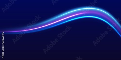 Lines in the shape of a comet against a dark background. Motion light effect for banners. Neon color glowing lines, high speed light trails effect. Purple glowing wave swirl, impulse cable lines.