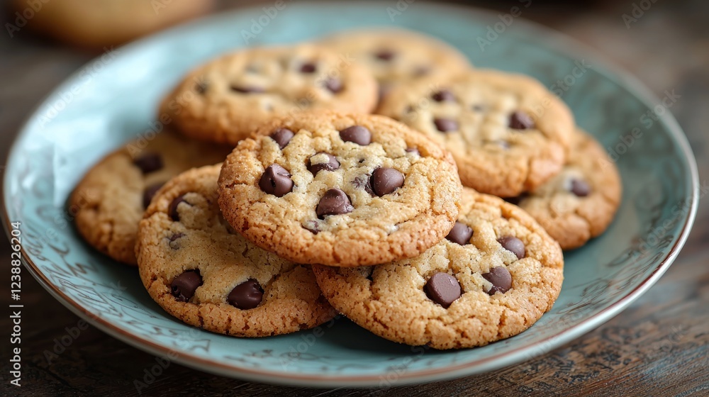 A plate of freshly baked chocolate chip cookies. A plate of freshly baked chocolate chip cookies.