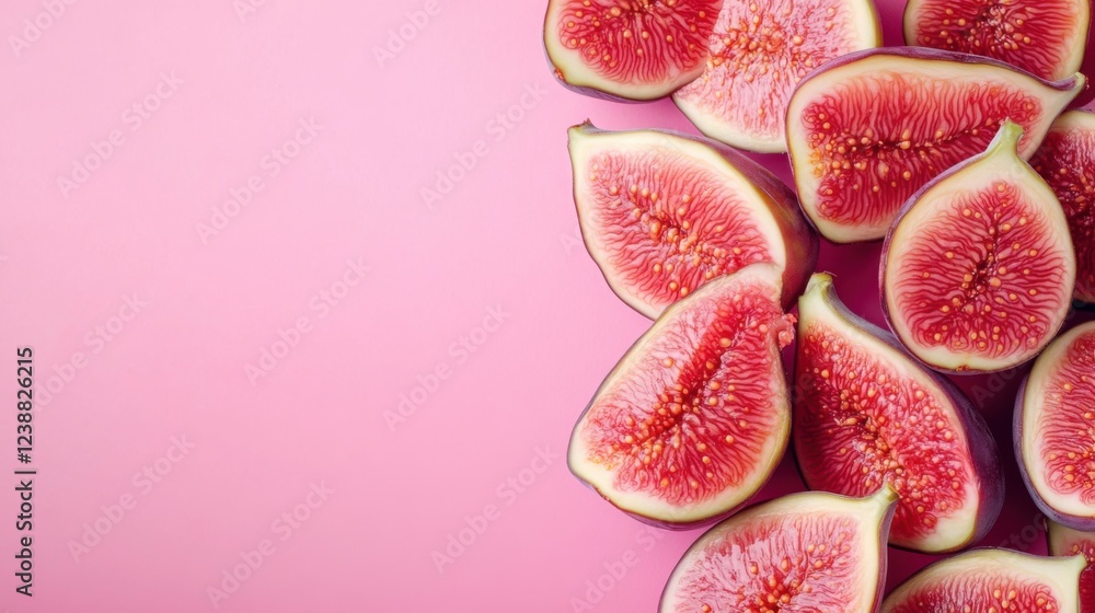 Fresh figs halved against pink background highlighting texture and colorful detail Fresh figs halved against pink background highlighting texture and colorful detail