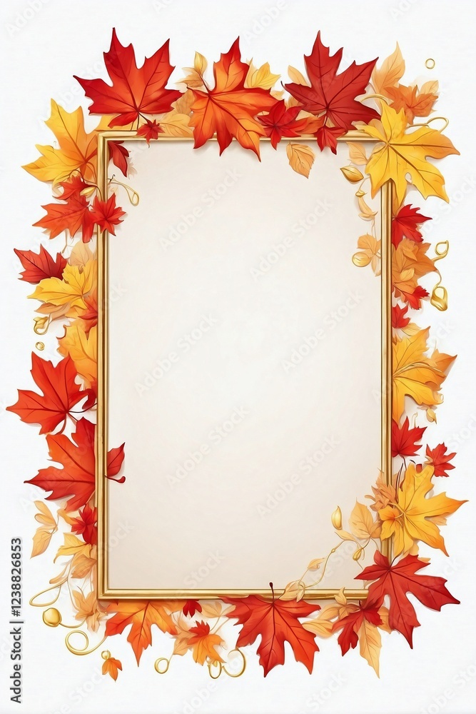Thin Elegant Frame with Small Red, Yellow, and Orange Maple Leaves on White Background Thin Elegant Frame with Small Red, Yellow, and Orange Maple Leaves on White Background
