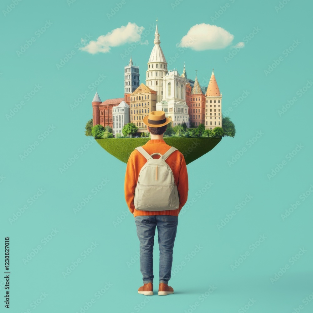 Obraz premium A person stands with a backpack, gazing at a stylized cityscape balanced on a grassy hill against a blue sky with clouds.