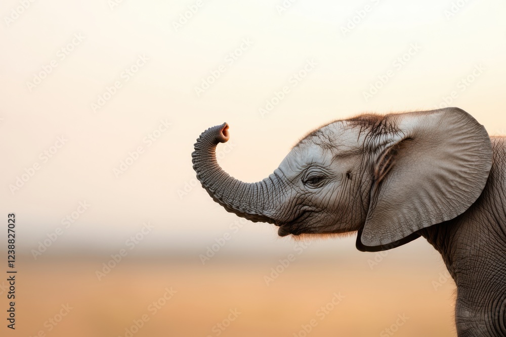 Fototapeta premium Close up portrait of a curious and playful baby African elephant reaching out with its long and flexible trunk in its natural habitat on the African savanna The young elephant display its gray skin
