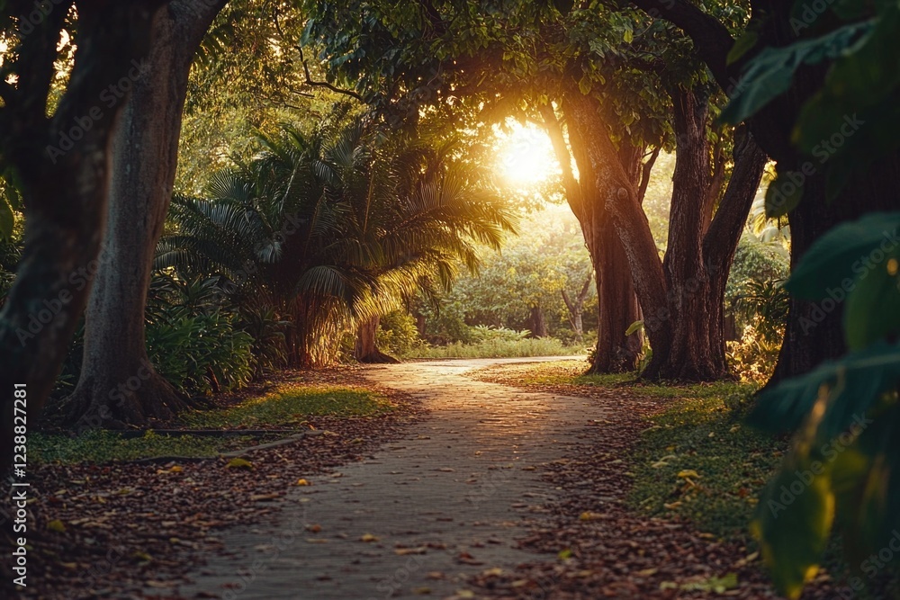 Obraz premium A serene scene of sunlight shining through the trees on a winding forest path