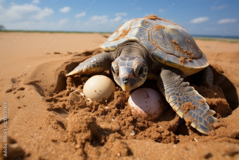 Obraz premium Newly hatched sea turtle emerges from its nest, revealing two eggs in the sand