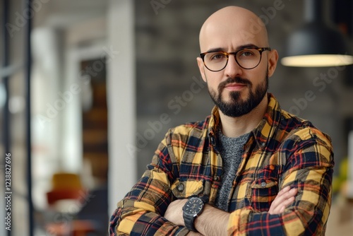 A confident man with glasses and a beard stands with arms crossed, wearing a plaid shirt and a sweater, set against a modern interior backdrop. photo