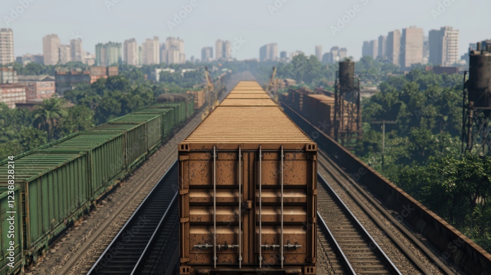Fototapeta premium Bustling cargo train station with freight cars being loaded and unloaded surrounded by a towering urban skyline of skyscrapers and modern architecture