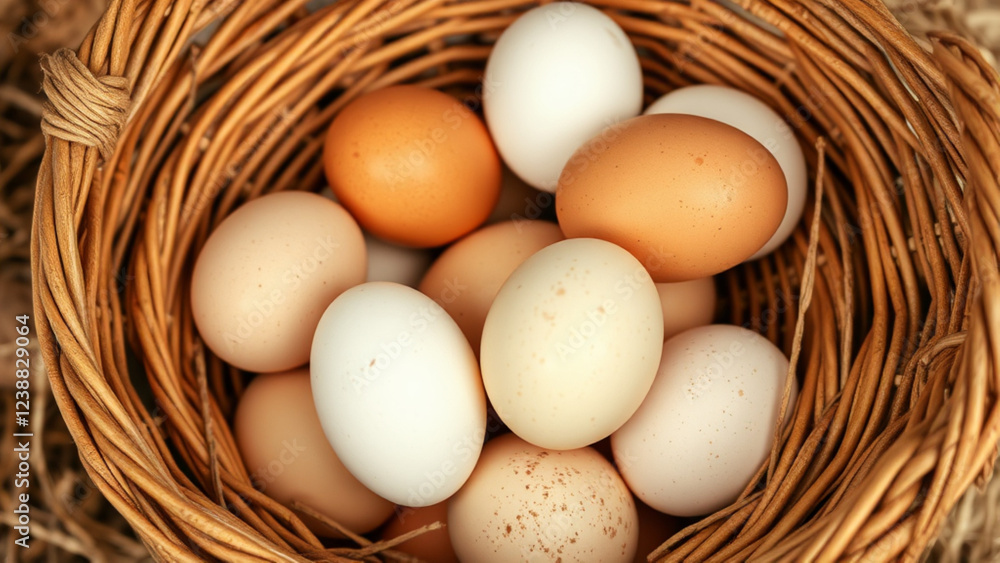 Variety of fresh eggs in a rustic woven basket on straw Variety of fresh eggs in a rustic woven basket on straw