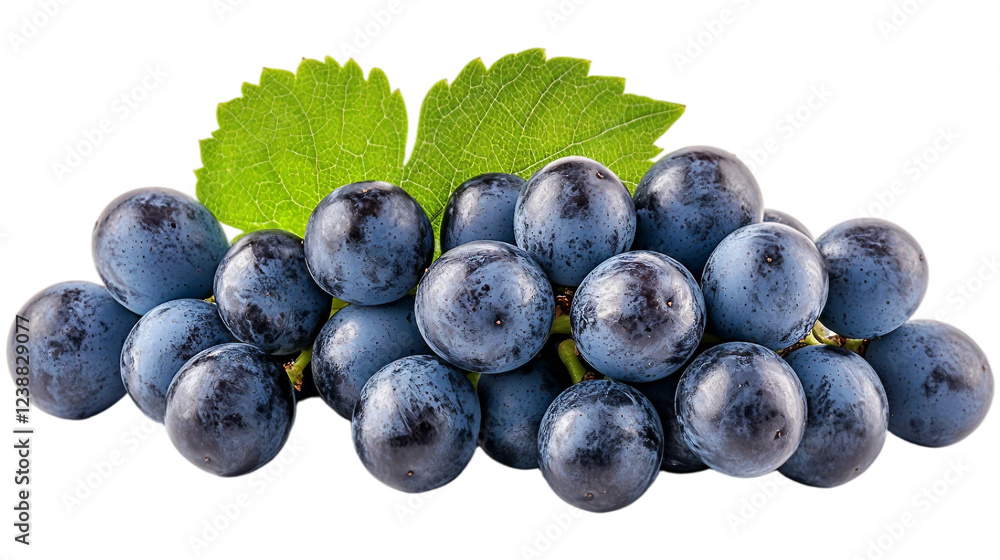 Fototapeta premium A single bunch of fresh blue-black grapes with a lush green leaf isolated on white background. Suitable for marketing or business purposes. PNG file 