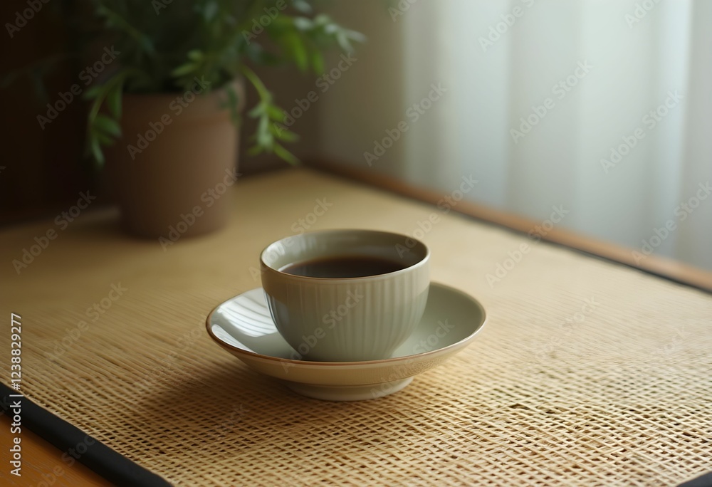 Fototapeta premium Elegant Japanese Coffee Moment with Ceramic Cup on Tatami Mat