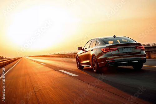 Car driving on highway at sunset , A black car is driving on the intercity road , Generative AI