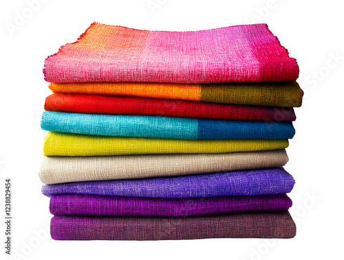 Stack of colorful wool blankets in vibrant hues isolated on transparent background, PNG, cut out