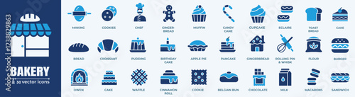 Bakery Vector Icons Set. Assorted bakery icons showcasing bread, pastries, and cakes; suitable for culinary designs.