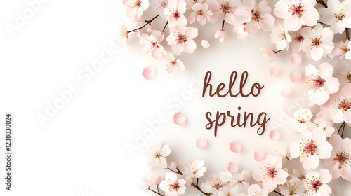 Wallpaper Mural Text hello spring on light flower background. Spring season lettering with plants, leaves and colorful cherry flowers. Begin springtime. Floral spring concept Torontodigital.ca