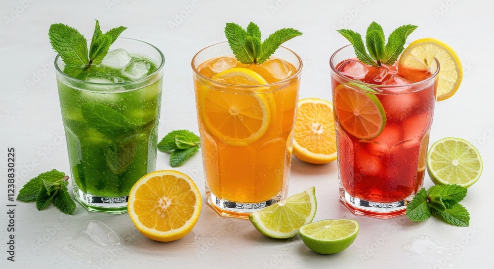 Fototapeta premium Create a high-quality photograph featuring three glasses of refreshing drinks placed on a white surface.