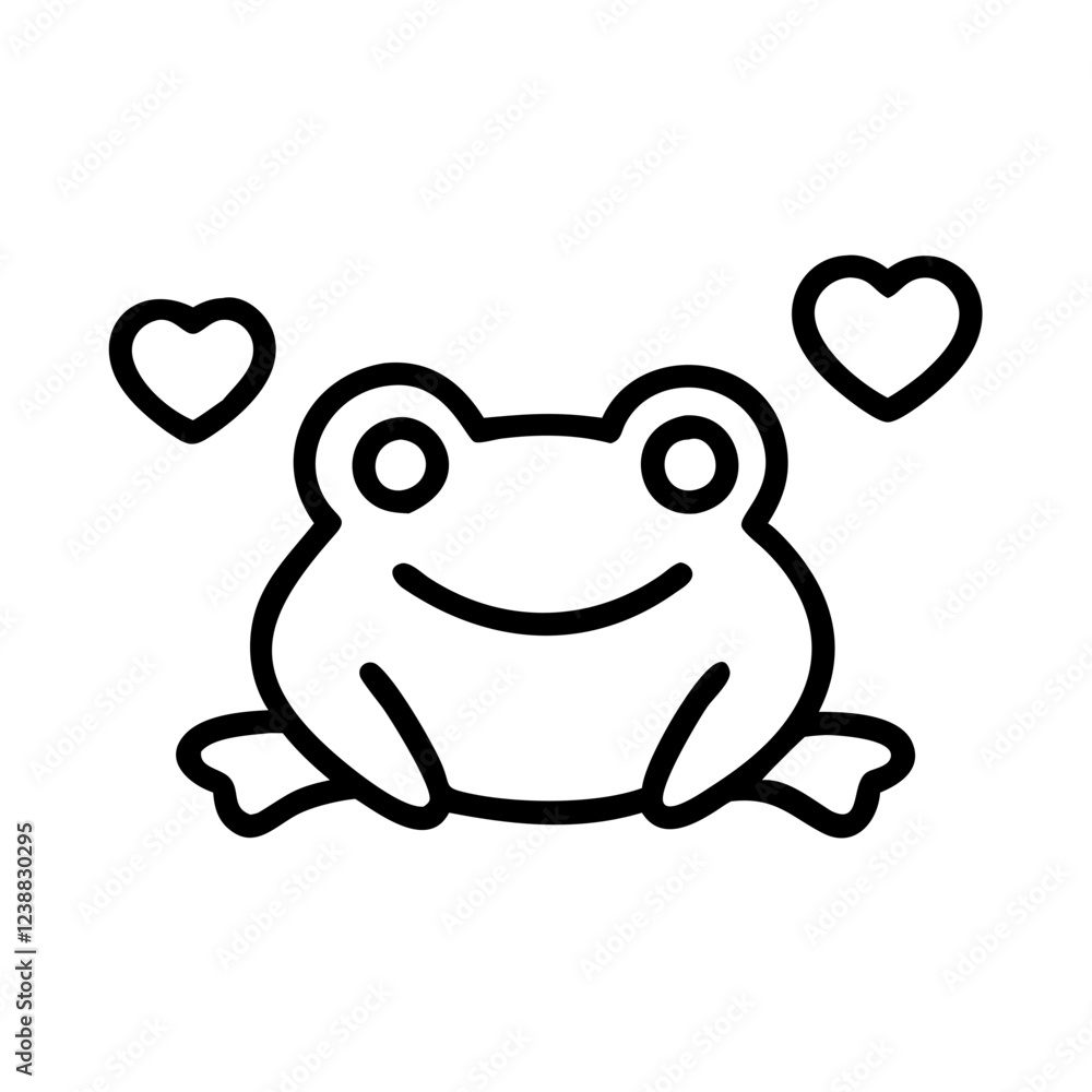 Smiling frog with floating hearts in black line art Smiling frog with floating hearts in black line art