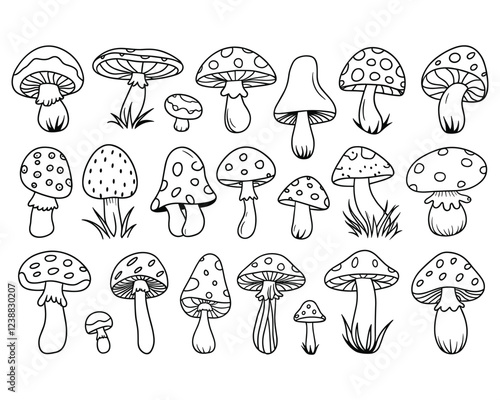 Cute, outlined mushroom collection for coloring or design.