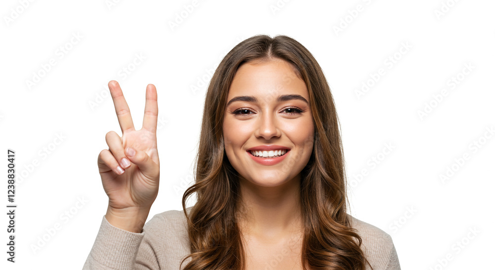 A photorealistic portrait of a confident young woman with a warm smile, raising her hand in a peace sign gesture A photorealistic portrait of a confident young woman with a warm smile, raising her hand in a peace sign gesture