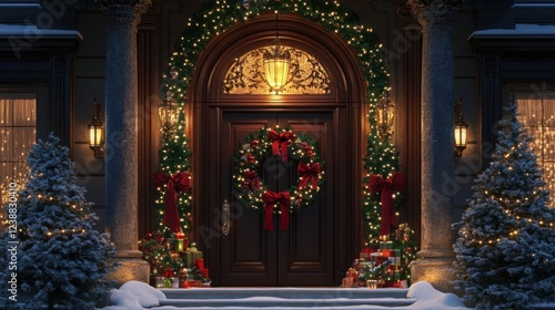 Wallpaper Mural Festively decorated entrance with wreath and illuminated christmas trees at night Torontodigital.ca
