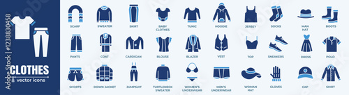 Clothing Icons Set. Fashion and Apparel Vector Icons Set. Collection of stylish fashion, clothing, and accessories vector icons.