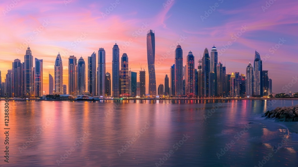 Obraz premium A panoramic shot of a city skyline at sunset.