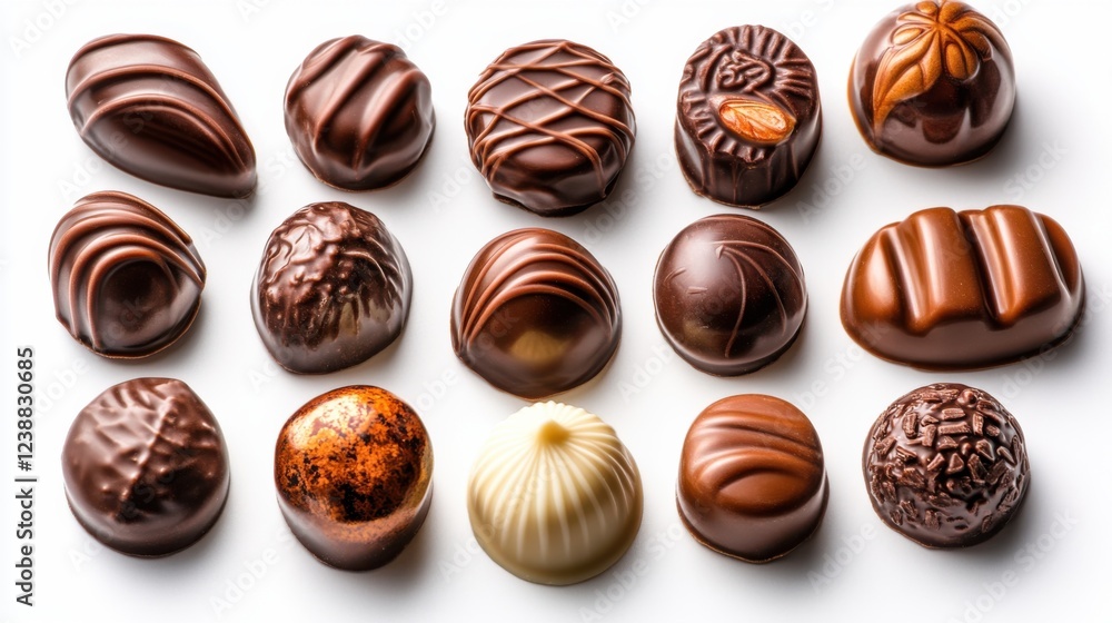 Assorted gourmet chocolate pralines on white background – collection of artisan sweets Assorted gourmet chocolate pralines on white background – collection of artisan sweets