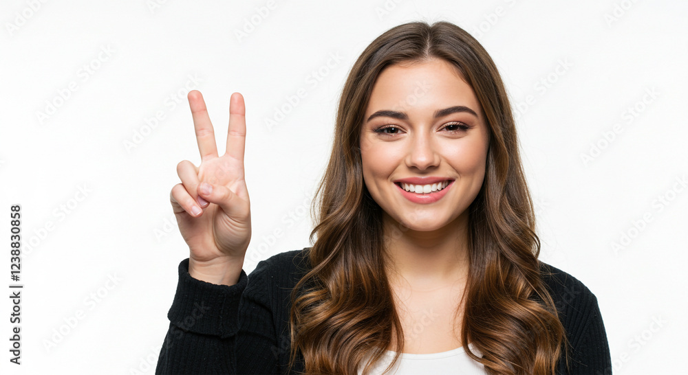A photorealistic portrait of a confident young woman with a warm smile, raising her hand in a peace sign gesture A photorealistic portrait of a confident young woman with a warm smile, raising her hand in a peace sign gesture