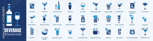 Beverage Vector Icons Set. Modern beverage icons featuring cocktails, coffee, and more; ideal for menus and branding.