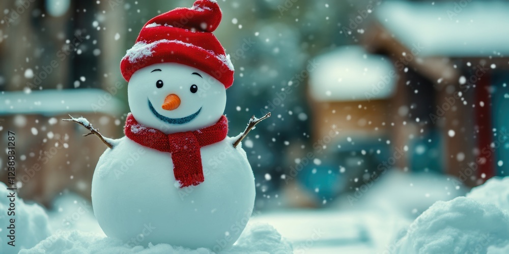 Fototapeta premium A snowman dressed in a red hat and scarf, perfect for winter scenes or holiday decorations