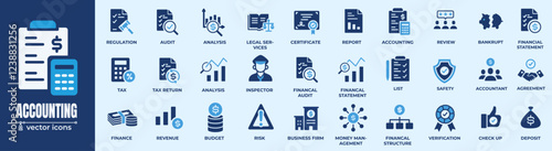 Accounting & Finance Vector Icons Set. Detailed finance icons illustrating accounting concepts; suitable for financial services and applications.