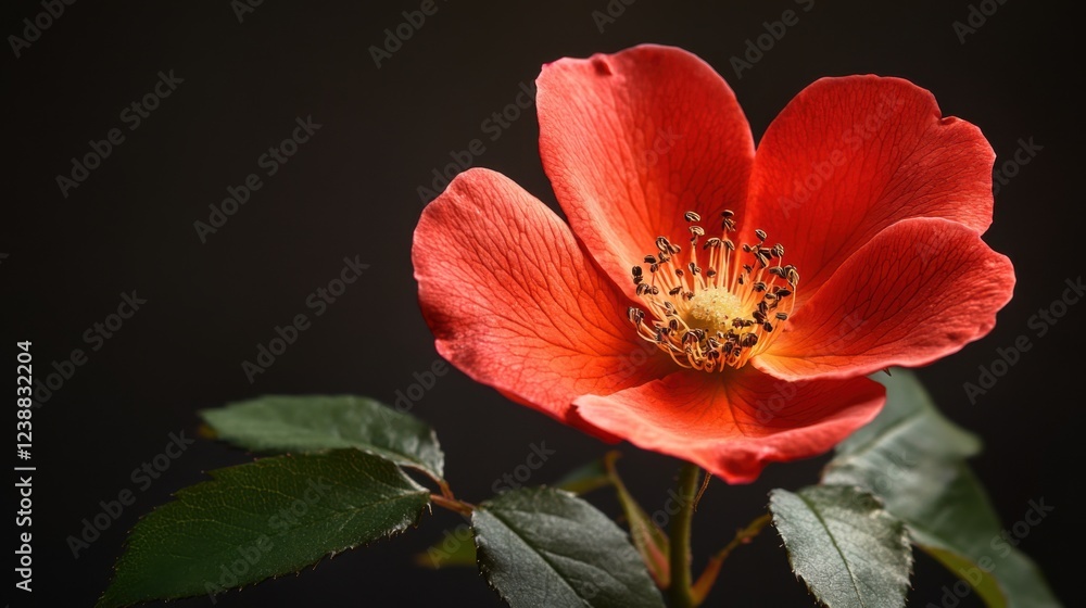Vibrant red rose bloom with lush green leaves against a dark background Vibrant red rose bloom with lush green leaves against a dark background