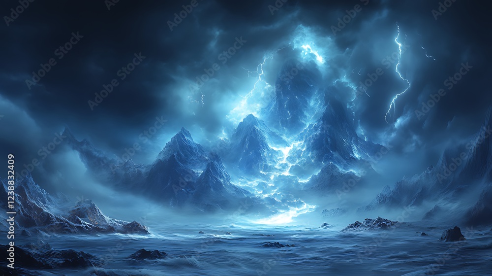 Naklejka premium Lightning strikes icy peaks; stormy mountainscape; fantasy backdrop