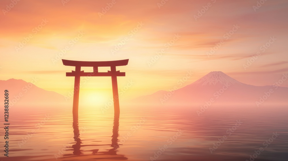 Traditional Japanese torii gate standing in calm water with Mount Fuji in the background at sunset Traditional Japanese torii gate standing in calm water with Mount Fuji in the background at sunset