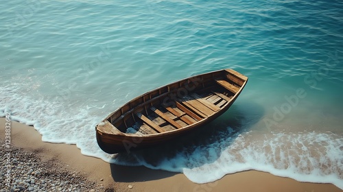 Old wooden rowboat resting on the shore with waves washing over. photo