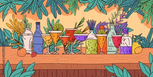 Colorful cocktail drinks tropical bar setting vibrant beverages with fruits and bottles surrounded by lush leaves and abstract background perfect for website banner