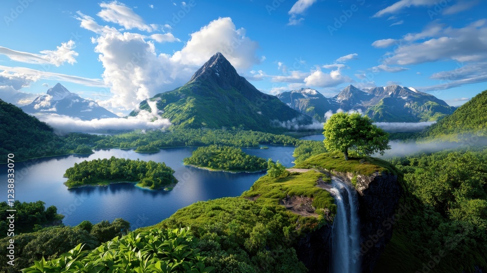 Breathtaking surreal landscape with floating islands lush green forests serene lake and a majestic waterfall cascading over the cliffs A peaceful Breathtaking surreal landscape with floating islands lush green forests serene lake and a majestic waterfall cascading over the cliffs A peaceful
