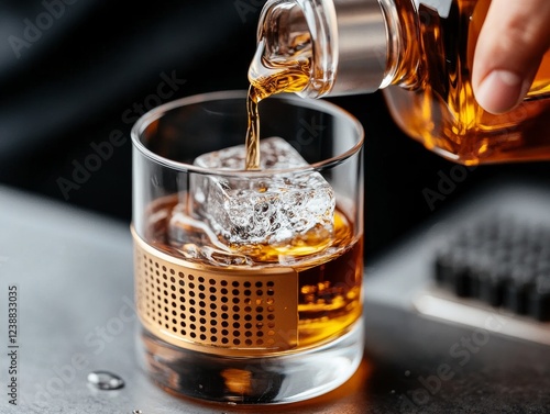 Hands of a bartender pouring a cocktail from a mixing glass, straining it through a sieve into a stemmed glass photo